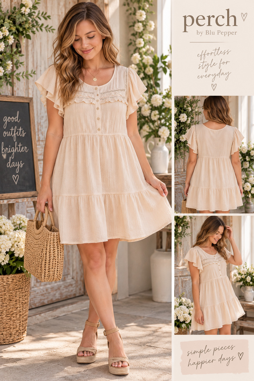 Perch by Blu Pepper Cream Tiered Midi Dress 1XL Flutter Sleeve Boho